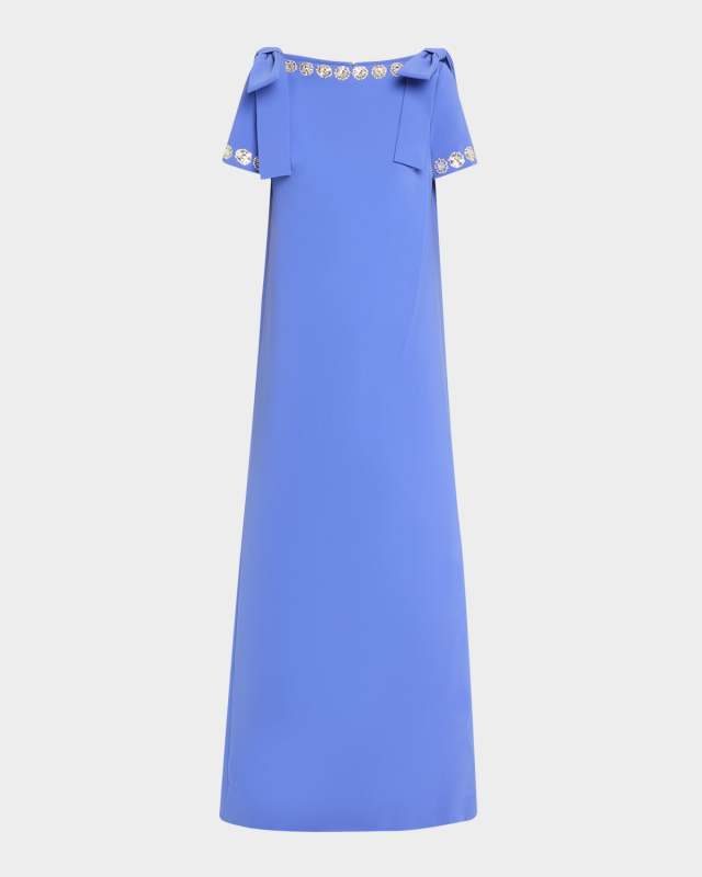 Crystal-Trim Boatneck Column Gown With Shoulder Bows